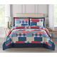 Householdfurnishing 3 Piece Printed Patchwork Bedspread Quilted Bed Throw Comforter with Pillow Shams (Check Denim Red, Double)