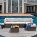 Wrought Studio™ Silkeborg 6-Piece Outdoor Furniture Set Warm Gray Wicker Sectional Sofa W Thick Cushions, Glass Coffee Table, 1 Ottoman | Wayfair