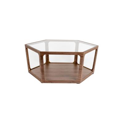 Table basse hexagonale en bois et verre bois foncé