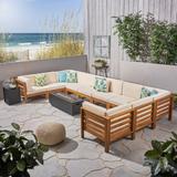 Malawi Outdoor 12-Piece U-Shaped Acacia Wood Sectional Sofa Set with Fire Pit by Christopher Knight Home