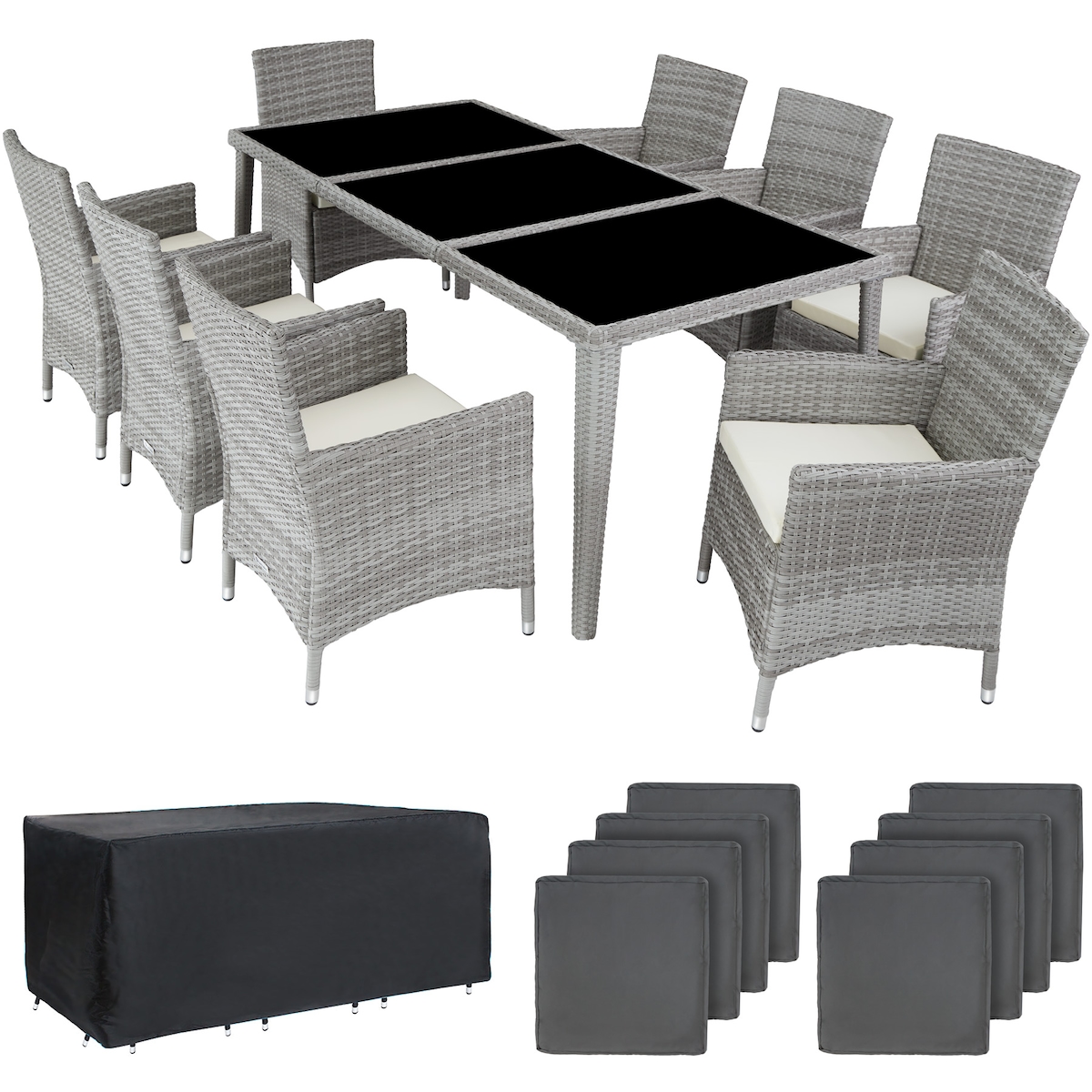 tectake Aluminium Rattan Sitzgruppe Menorca 8+1 mit Schutzhülle Hellgrau Image
