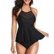 zeyubird Mesh Black Tankini Swimsuit for Women Ruffle Black Bathing Suits for Women Halter Peplum High Waisted Swimsuit, Black, Medium