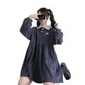 Teen Girls Cute Dress Long Sleeve Lolita Casual Plus Size Comfy A-Line Dresses (Navy Blue)