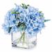 Enova Home Mixed Artificial Silk Hydrangea Faux Flowers Arrangement in Cube Glass Vase with Faux Water Home Wedding Decoration