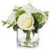 Enova Home Mixed Artificial Silk Cream Roses and Eucalyptus Faux Flowers Arrangement in Cube Glass Vase with Faux Water