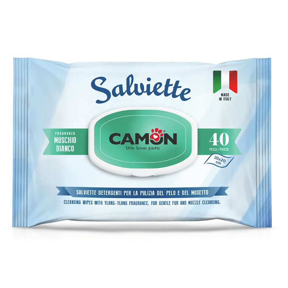 Salviette Camon Muschio Bianco per la cura del pelo di cani e gatti - Set %: 6 x 40 pz