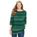 Plus Size Women's Perfect Printed Elbow-Sleeve Boatneck Tee by Woman Within in Emerald Green Patchwork Stripe (Size 34/36) Shirt