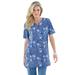 Plus Size Women's Print Notch-Neck Soft Knit Tunic by Roaman's in Dusty Indigo Painterly Bouquet (Size L) Short Sleeve T-Shirt