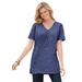 Plus Size Women's Perfect Printed Short-Sleeve Shirred V-Neck Tunic by Woman Within in Navy Offset Dot (Size 6X)