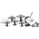 Set mit 18 Teilen, Edelstahl: Pfanne Ø 24 x 7,5; Stielkasserolle Ø 16 x 10,5; Topf Ø 18 x 11,5; Topf Ø 20 x 12,5; Schmorpfanne Ø 24 x 14,5; Schutz 2 + 3 Küchenutensilien + Frittee/Pocherost