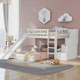 Wooden Twin over Twin Bunk Bed with Two Drawers and Slide,White