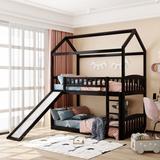 Twin Over Twin Wood Bunk Bed House Bed with Slide&Ladder&Guardrail&Roof, White