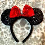 Disney Accessories | Disney | Original Disney Parks Black Sequin Minnie Mouse Ears Headband Red Bow | Color: Black/Red | Size: Os