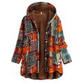 KUDICO Womens Winter Coat Jackets Warm Velvet Thicken Oversize Outwear Vintage Ethnic Style Print Zip Hooded Overcoats Orange