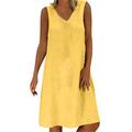 KUDICO Womens Plus Size Loose Summer Short Dress Linen Solid V Neck A-line Casual T-Shirts Blouse Dresses(Sleeveless-Yellow,4XL)