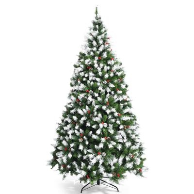 Costway Pre-lit Snow Flocked Christmas Tree with Red Berries and LED Lights-7.5 ft