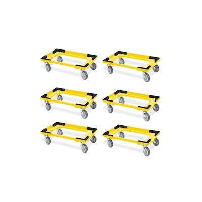 6 Transportroller für 600x400 mm Drehstapelbehälter, offen, gr. Gummiräder, gelb