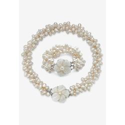 Women's Silver Tone Oval Cultured Freshwater Pearl (7x9mm) Flower Necklace and Bracelet Set, 18 inches by PalmBeach Jewelry in Silver