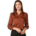 Allegra K Women's Satin Blouse Puff Sleeve Point Collar Vintage Button Up Shirt Tops Burnt Orange 4