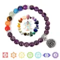 Bracelets à breloques 7 Chakra Lotus pour femmes et hommes Bracelet de guérison Reiki en pierre