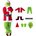 Christmas Adult Large Grinch Costume 7Pcs Xmas Furry Santa Suit Cosplay Fancy Dress Green Outfit With Mask Hat Belt Gloves Shoes Covers For Men Women (Size : L)