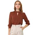 Allegra K Women's Work Office Shirt Keyhole Elegant Stand Collar Long Sleeve Chiffon Blouses Brown 8