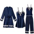 4 PCS Satin Pajama Set for Women Sexy Sleepwear with Lace Trim Robe Sleepwear Silky Pyjama Sets Ladies Pyjamas Set Nightgown Homewear Suit Dark Blue