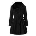 Women's Wool Coat Teddy Fur Collar Vintage Winter Warm Coat with Belt Double Breasted Midi Cashmere Coat Retro Thick Warm Slim Trench Coats Transition Jacket Punk Tailcoat Parka Black