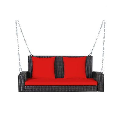 Costway 2-Person Patio Rattan Porch Swing with Cushions-Red
