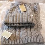 Michael Kors Accessories | Michael Kors Women Cable Knit Teddy Fleece Faux Fur Pom Pom Beanie & Scarf Set | Color: Gray | Size: Os