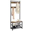 Yaheetech Coat Rack Stand 185cm Height with Shoe Rack Bench, 9 Hooks, Anti-tip Kits & Rust-Proof Metal Frame, Industrial Hallway Tall Shoe Rack Clothes Storage for Bedroom Living Room, Rustic Brown