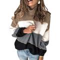 Reukree Womens Winter Polo Neck Sweater Stripes Jumper Loose Fit Long Sleeve Pullover Jumper Colour Block Knitted Sweater Black Large