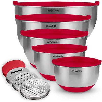 Belwares 5-Piece Stainless Steel Mixing Bowls with Airtight Lids and Graters - Non-Slip Nesting Bowls Set