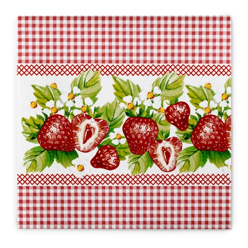 Sovie HOME Serviette Erdbeeren in Rot-Weiß aus Linclass® Airlaid 40 x 40 cm, 12 Stück – Erdbeeren Frühling Sommer Karo Muster