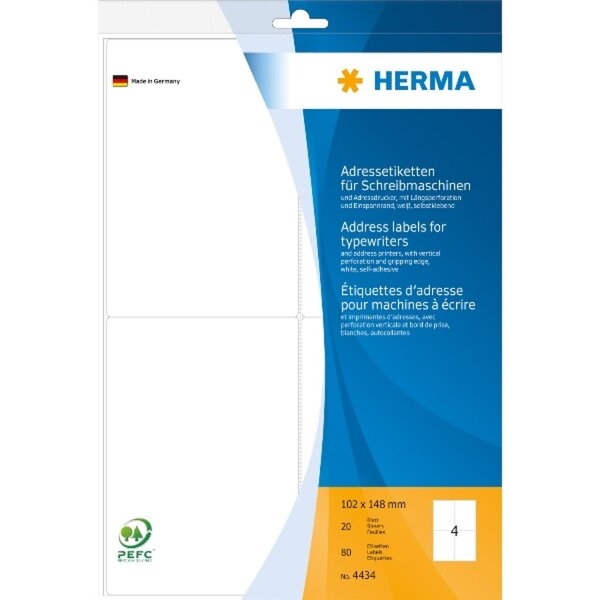 HERMA Adressetiketten für Schreibmaschinen 102 x 148 mm, 80 Etiketten, weiß, permanent haftend, 4 Stück/Blatt, DIN A4 Image