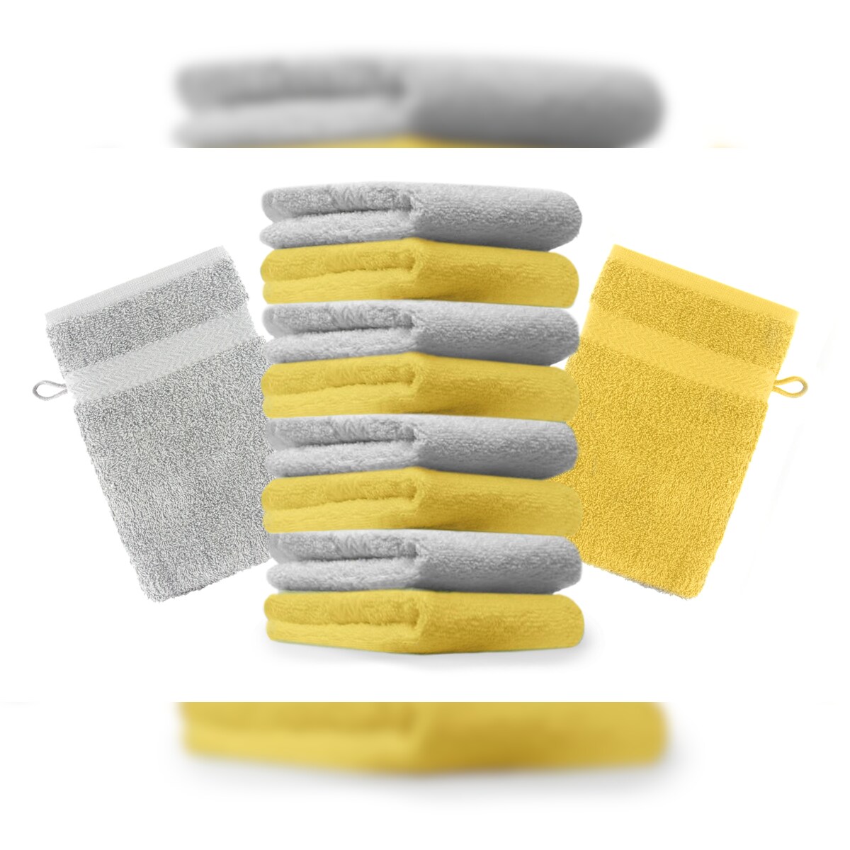 Betz 10 Stück Waschhandschuhe PREMIUM 100% Baumwolle Waschlappen Set 16x21 cm Farbe gelb und silbergrau Image