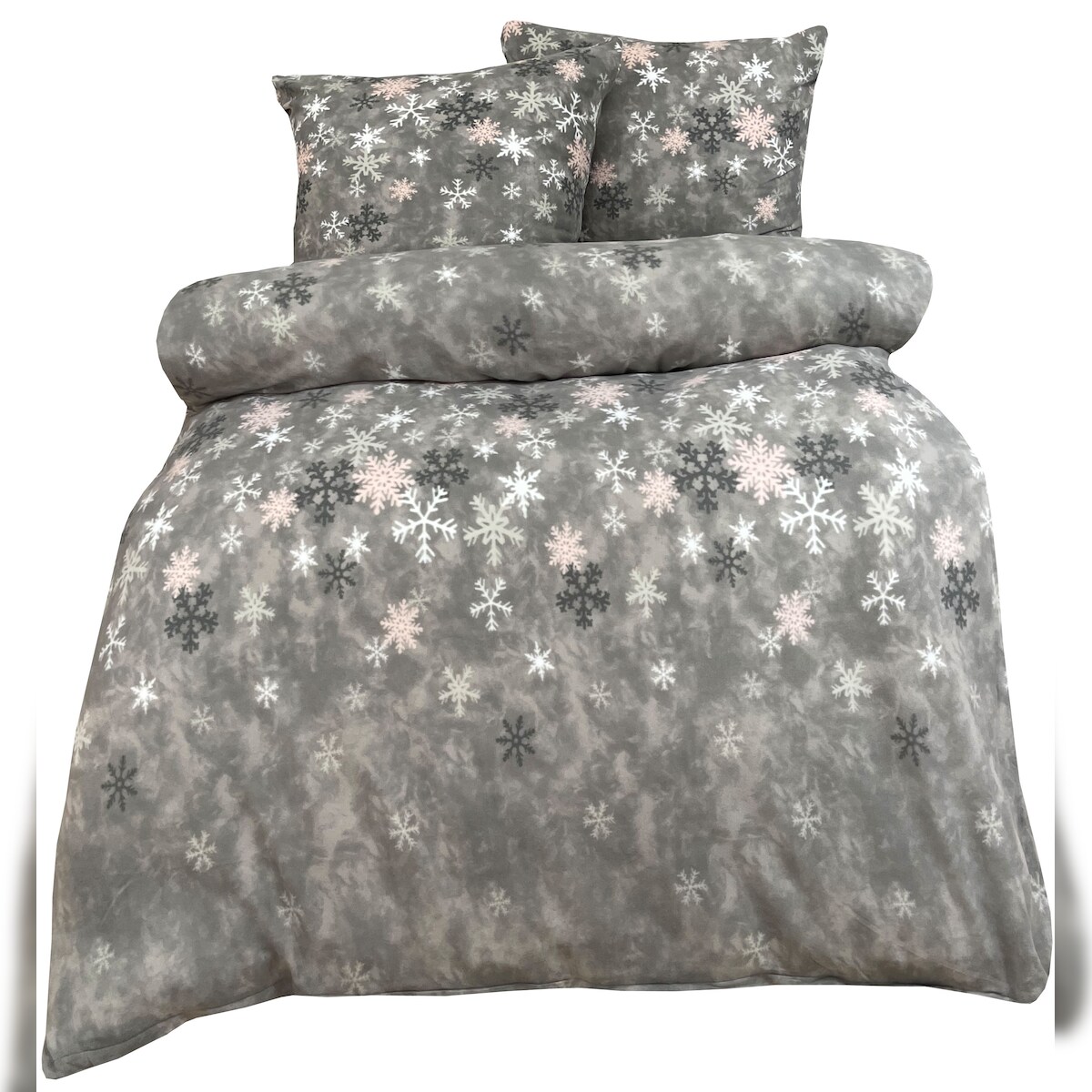 Leonado Vicenti Bettwäsche Thermofleece 135x200 + 80x80 cm grau rosa Schneeflocken mit Reißverschluss / 2 tlg. Image