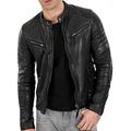 Mens Black Slim Fit Black Leather Jacket | Cafe Racer Motorcycle Jacket Men | Retro Black Genuine Lambskin Leather Jacket Men (Black, L)