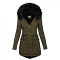 Buetory Women's Hooded Winter Coat Warm Fleeced Lined Parka Long Jackets Overcoat Fashion Casual Faux Fur Trench Coat Army Green