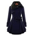 Womens Faux Fur Lapel Double Breasted Thick Wool Trench Coat Jacket Outwear M Navy Blue