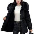 KEAIDO Women Winter Warm Down Jacket, Black Oversize Mid Length Thicken Coats with Faux Fur Hooded, Baggy Fleece Cotton Lined Overcoat, for Mother Her Girlfriend Wife Ladies (Black,3XL)