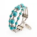 Bracelets ethniques Vintage en pierre bleue pour femmes bijoux perles Turquoises plume ronde