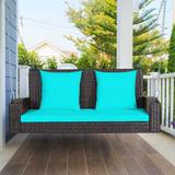 Costway 2-Person Patio Rattan Hanging Porch Swing Bench Chair Cushion