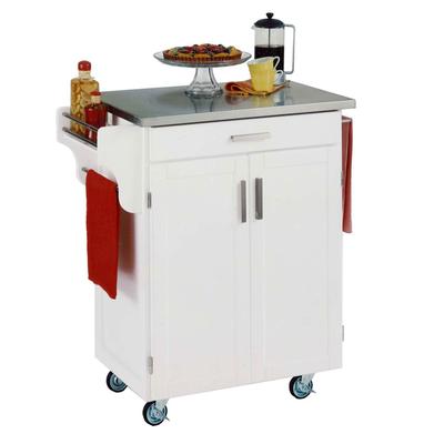 White Wood Kitchen Cart with Stainless Steel Top b...