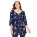 Plus Size Women's V-Neck Pintucked Tunic by Woman Within in Navy Marigold Floral (Size 26/28)