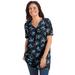 Plus Size Women's Perfect Printed Short-Sleeve Shirred V-Neck Tunic by Woman Within in Blue Rose Ditsy Bouquet (Size M)