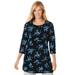 Plus Size Women's Perfect Printed Three-Quarter-Sleeve Scoopneck Tunic by Woman Within in Blue Rose Ditsy Bouquet (Size L)