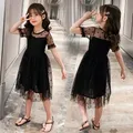 Robe en maille noire classique pour enfants belle robe de princesse à pois pour filles de 4 5 7 9