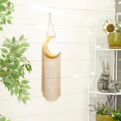 Gold Metal Indoor Outdoor Moon Windchime with Chain Tassels