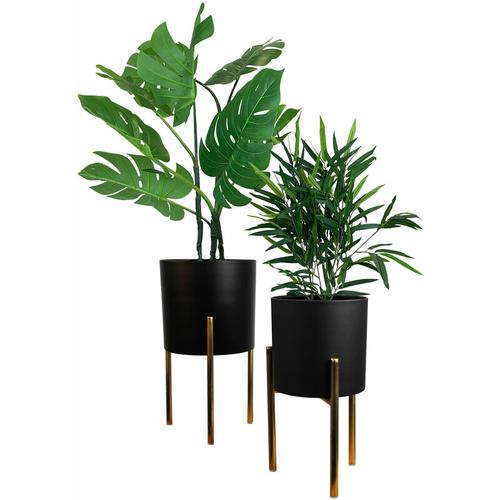 2tlg. Blumentopfständer Set H31/36cm schwarze Töpfe mit goldenem Metallständer Blumenkübel